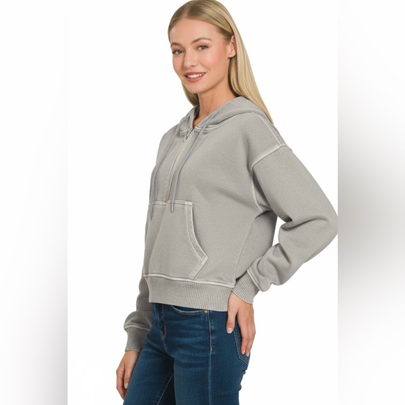 Zenana Fleece Pigment Dye Half Zip Kangaroo Pocket Hoodie - Picture 3 of 4